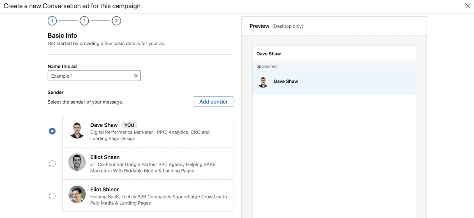 Choosing the sender for your conversation ad